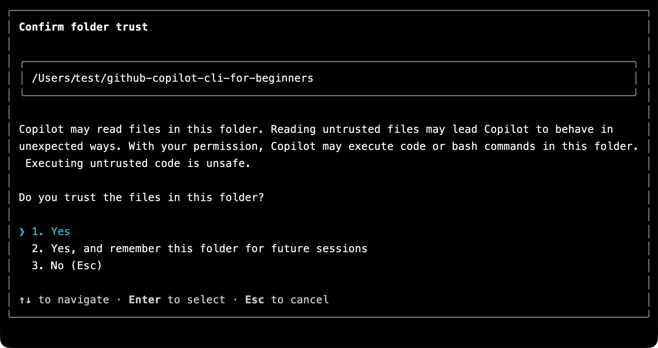 Trusting files in a folder with the Copilot CLI